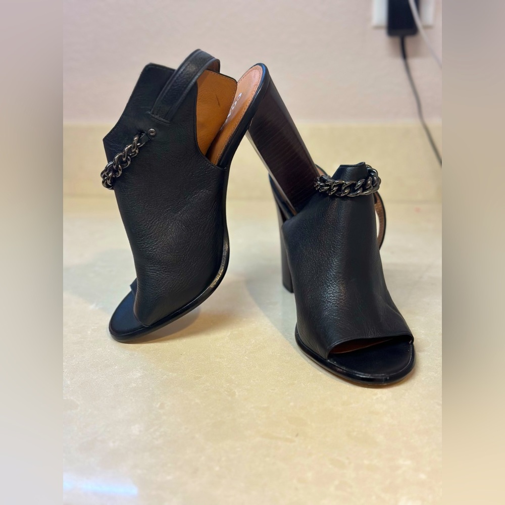 Coach all leather, open toe boot mule with silver chain